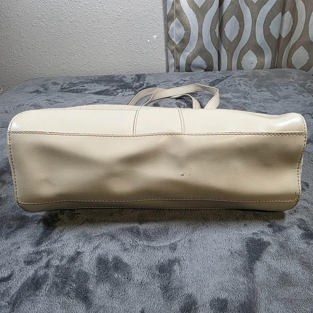 Etienne Aigner Cream and Tan Linen Shoulder Bag.